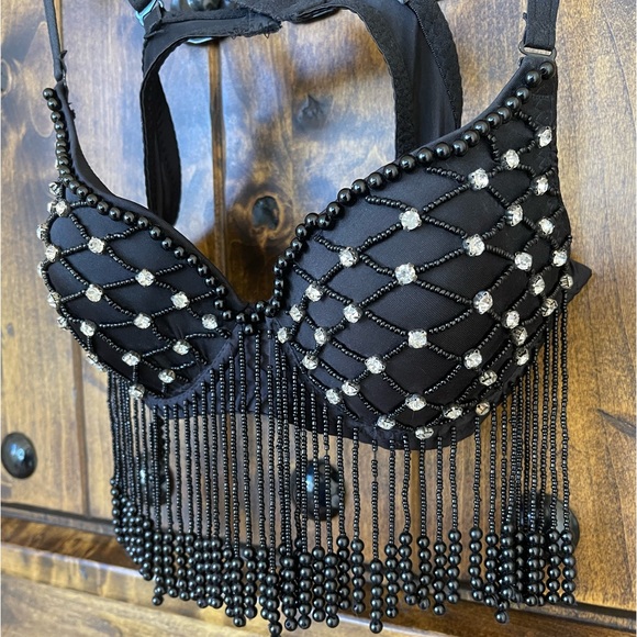 SOLD-SEXY FESTIVAL BRA TOP Embellished Beads & Crystal Fringed Adjustable Straps - Picture 2 of 10